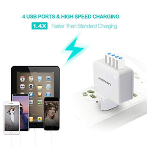 Chargeur Multiprise USB - LENCENT - 4 Ports Prise USB 5V/4.4A - Adaptateur Prise Anglaise - Europe - US - Australie -Technologie Smart IC - iPhone - iPad