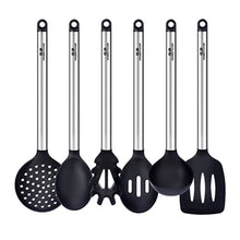 Charger l&#39;image dans la galerie, GA Homefavor Un Paquet de 6 Pièces Ustensiles de Cuisine en Acier Inoxydable Cuillères Louche Cuillère à Spaghetti Spatule percée Cuillères écumoires conçues en Silicone Noir