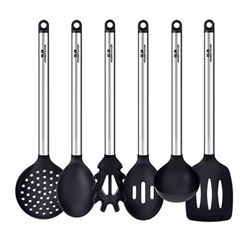 GA Homefavor Un Paquet de 6 Pièces Ustensiles de Cuisine en Acier Inoxydable Cuillères Louche Cuillère à Spaghetti Spatule percée Cuillères écumoires conçues en Silicone Noir