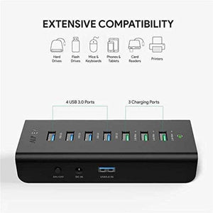 AUKEY Multiprise USB 3.0 7 Ports ( 4 USB 3.0 + 3 Charge 2,4A ) Super rapide avec Adaptateur alimentation 36W compatible Windows XP / Vista / 7 / 8 / 10 , Mac