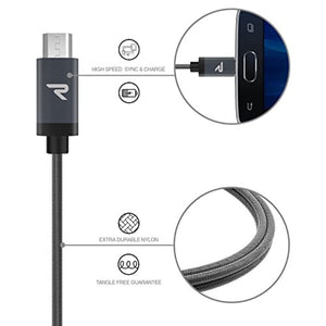 Rampow Câble Micro USB 2m en Nylon Tressé 2.4A - Garantie à Vie - Câble Chargeur Samsung S7/S7 Edge/S6/J3 J5 J6 J7 2016 2017, Huawei, Honor, Téléphone Android, Manette PS4 - Gris Sidéral