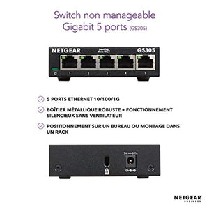 NETGEAR GS305-300PES Switch Ethernet Métal 5 ports Gigabit (10/100/1000) pour une Connectivité Simple et Abordable pour les Petites Entreprises et les Bureaux à Domicile