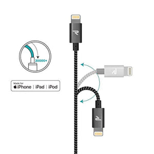 RAMPOW Câble pour iPhone [Certifié Apple MFi] en Fibre de Nylon Tressé avec Connecteur Ultra Résistant pour iPhone 11/11 Pro/X/XS/XR/8/8 Plus/7/7 Plus/6s/6s Plus/6/6 Plus, etc - 1m/3.3ft - Gris Foncé