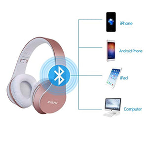 JIUHUFH Casque Bluetooth sans Fil Pliable avec Micro Intégré/Micro SD/TF/FM Radio/Lecteur MP3/Audio 3,5 mm pour iPhone Android Téléphones/Tablettes/TV/PC/Mac (Rose Gold)