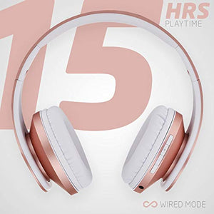 PowerLocus Casque Bluetooth sans Fil, Casque Audio stéréo Pliable sans Fil et Filaire avec Micro intégré, Micro SD/TF, FM pour iPhone/Wiko/Samsung/iPad/PC (Or Rose)