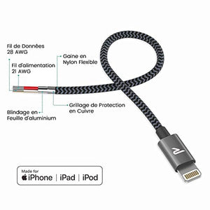 RAMPOW Câble pour iPhone [Certifié Apple MFi] en Fibre de Nylon Tressé avec Connecteur Ultra Résistant pour iPhone 11/11 Pro/X/XS/XR/8/8 Plus/7/7 Plus/6s/6s Plus/6/6 Plus, etc - 1m/3.3ft - Gris Foncé