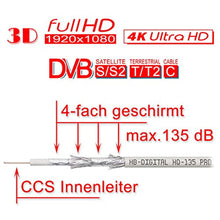 Charger l&#39;image dans la galerie, HB-Câble coaxial numérique DVB-S2/S DVB-C/DVB-T (HQ-135 130 DB Pro Quadruple Blindage BK F 10 Connecteurs plaqués Or)