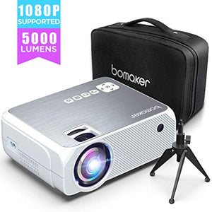 Vidéoprojecteur Supporté 1080P Full HD, BOMAKER Mini Projecteur 5000 Lumens Native 720P, 50000 Heures Rétroprojecteur Compatible HDMI/VGA/SD/USB/AV avec Trépied et Sac- GC555 Upgraded