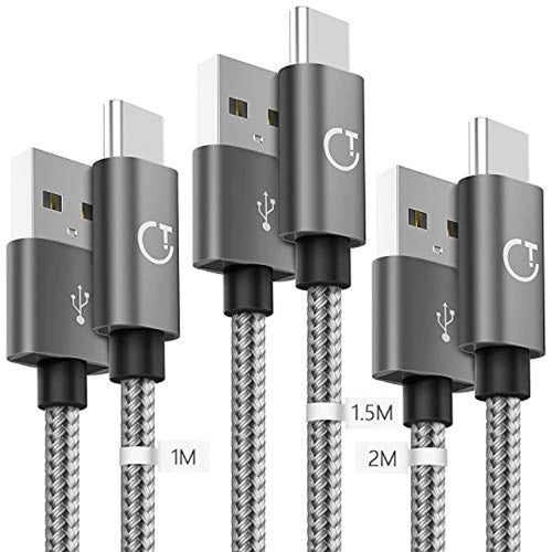 Gritin Câble USB Type C [1m+1.5m+2m/Lot de 3], Nylon Tressé, Cordon Type C 2018, Connecteur Ultra Résistant, Charge Rapide pour Samsung /Huawei,Nexus,Sony,etc-Gris Sidéral