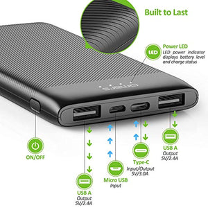 Omars Batterie Externe 10000mAh Ultra Slim 4 Ports, USB C 5V 3A, 2 x USB A 5V 2.4A, Micro USB d'Entrée Chargeur Portable Power Bank Fine Légère Batterie de Secours pour iPhone iPad Samsung Sony Xperia