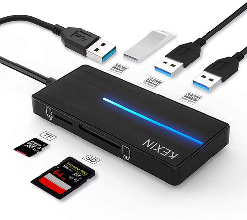 KEXIN Data HUB USB 3.0 5 en 1 Adaptateur Multi USB Ultra Mince avec 3 Ports USB 3.0 et Lecteur de Carte SD/TF Transfert de Données à 5Gb/s Cadeau pour PC, Tablette, Windows, Mac Os, Linux (Noir)