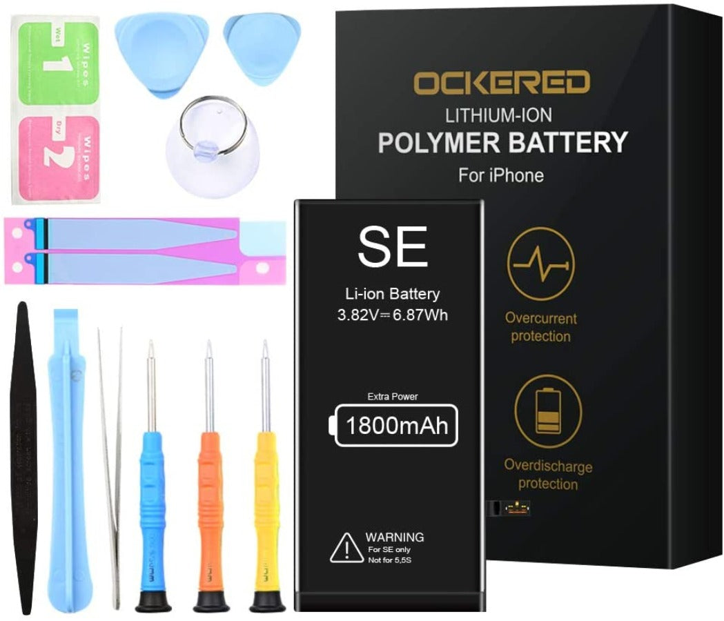 Ockered 1800mAh Batterie Interne pour iPhone Se de Remplacement, Grande capacité Rechargeable Batterie avec Complet kit d’Outils de réparation de l’adhésif Instructions