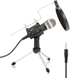 NASUM Microphone à Condensateur Jack 3,5 mm Mini Microphone pour Enregistrement PC Phone Studio Skype Youtube Podcast avec Trépied et Écrans Anti-Pop